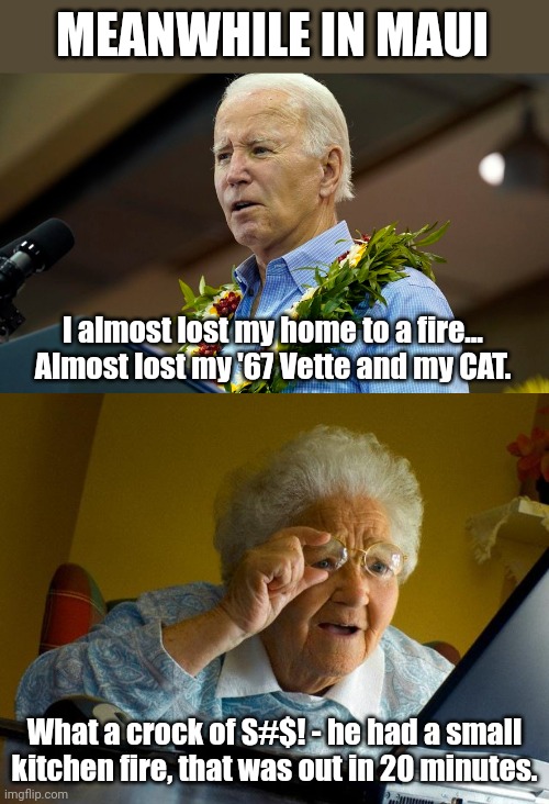 MEANWHILE IN MAUI; I almost lost my home to a fire... Almost lost my '67 Vette and my CAT. What a crock of S#$! - he had a small kitchen fire, that was out in 20 minutes. | image tagged in memes,grandma finds the internet | made w/ Imgflip meme maker
