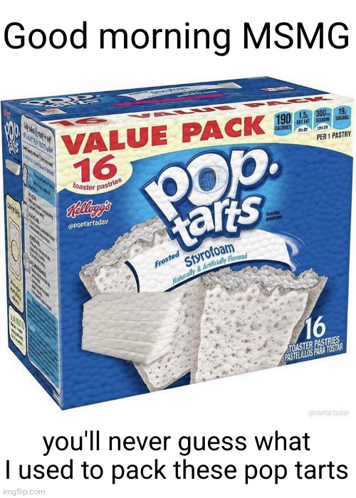 Meme #3,309 | Good morning MSMG; you'll never guess what I used to pack these pop tarts | image tagged in memes,pop tarts,msmg,good morning,breakfast,styrofoam | made w/ Imgflip meme maker