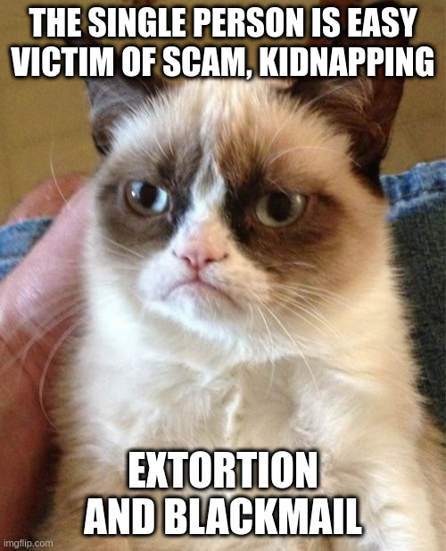blackmail | THE SINGLE PERSON IS EASY VICTIM OF SCAM, KIDNAPPING; EXTORTION AND BLACKMAIL | image tagged in memes,grumpy cat | made w/ Imgflip meme maker