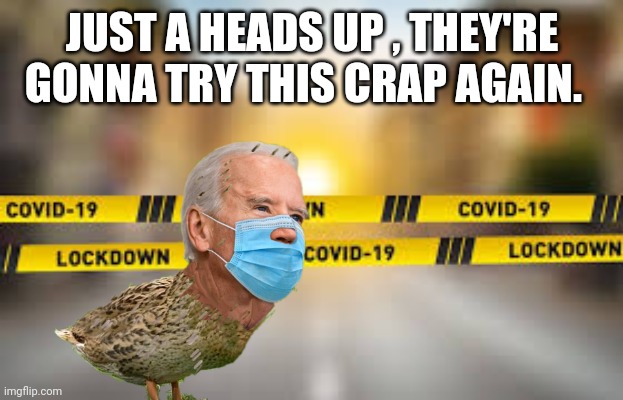 Joe biden | JUST A HEADS UP , THEY'RE GONNA TRY THIS CRAP AGAIN. | image tagged in covid 19 | made w/ Imgflip meme maker