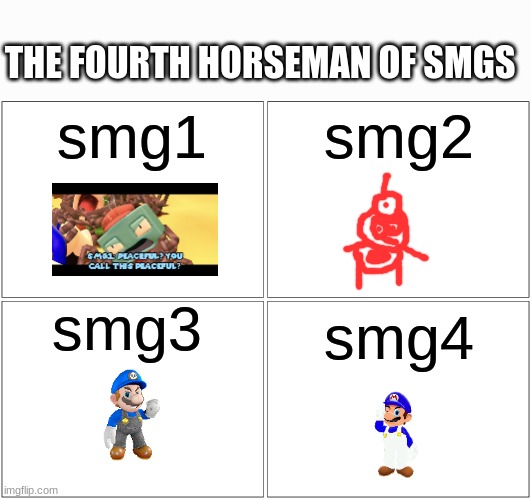 Blank Comic Panel 2x2 Meme | THE FOURTH HORSEMAN OF SMGS; smg1; smg2; smg3; smg4 | image tagged in memes,blank comic panel 2x2,smg4 | made w/ Imgflip meme maker