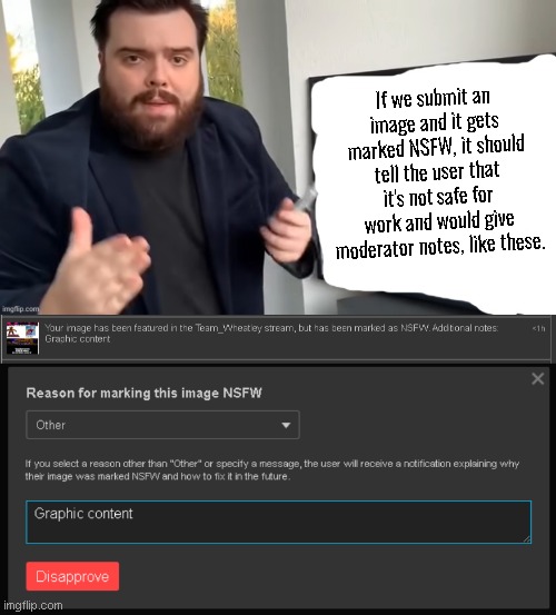 If we submit an image and it gets marked NSFW, it should tell the user that it's not safe for work and would give moderator notes, like these. | image tagged in ibai llanos explaining - blank | made w/ Imgflip meme maker