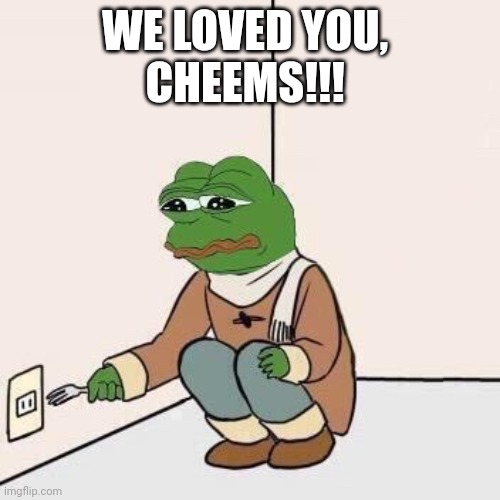 Sad Pepe Suicide | WE LOVED YOU, 
CHEEMS!!! | image tagged in sad pepe suicide | made w/ Imgflip meme maker