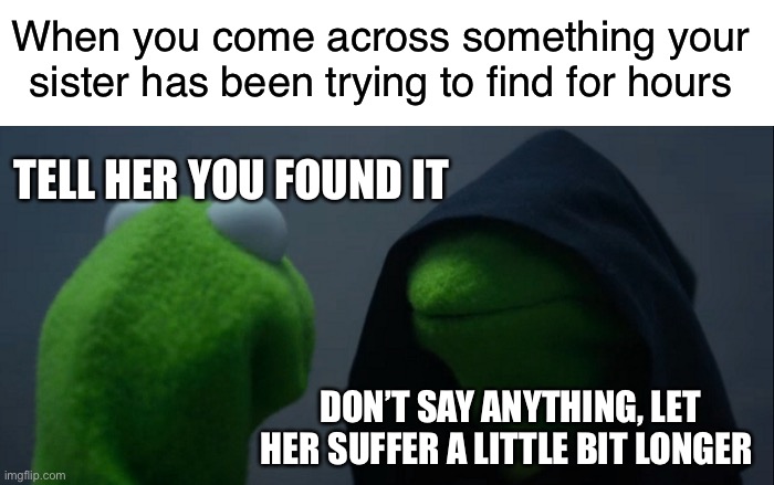 what to do, what to do | When you come across something your sister has been trying to find for hours; TELL HER YOU FOUND IT; DON’T SAY ANYTHING, LET HER SUFFER A LITTLE BIT LONGER | image tagged in memes,evil kermit,funny,sister | made w/ Imgflip meme maker