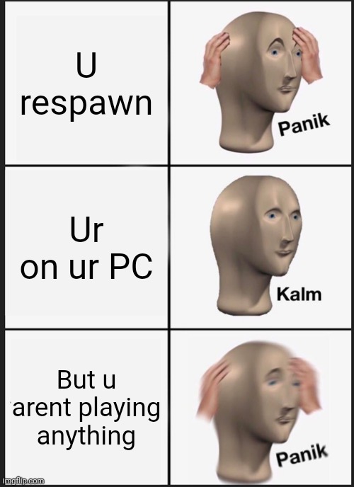 Guess its a glitch | U respawn; Ur on ur PC; But u arent playing anything | image tagged in memes,panik kalm panik | made w/ Imgflip meme maker