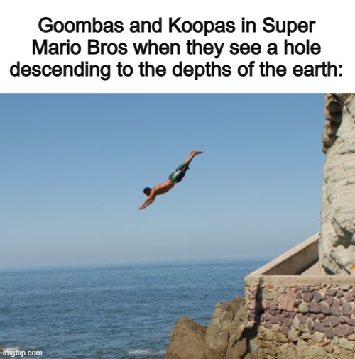 This is true for the classic version at least | Goombas and Koopas in Super Mario Bros when they see a hole descending to the depths of the earth: | image tagged in cliff diver | made w/ Imgflip meme maker
