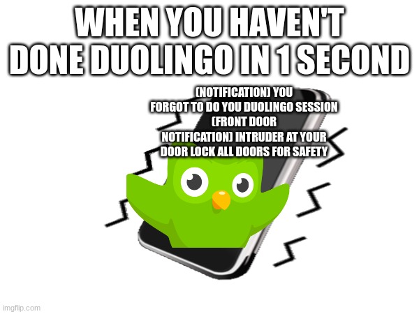 WHEN YOU HAVEN'T DONE DUOLINGO IN 1 SECOND; (NOTIFICATION) YOU FORGOT TO DO YOU DUOLINGO SESSION
(FRONT DOOR NOTIFICATION) INTRUDER AT YOUR DOOR LOCK ALL DOORS FOR SAFETY | made w/ Imgflip meme maker