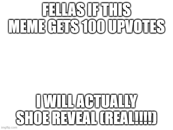 no context | FELLAS IF THIS MEME GETS 100 UPVOTES; I WILL ACTUALLY SHOE REVEAL (REAL!!!!) | image tagged in no context | made w/ Imgflip meme maker
