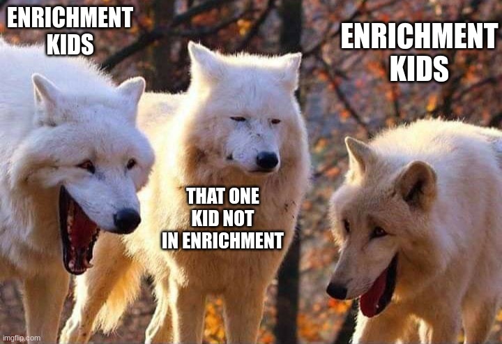 at the table that one person | ENRICHMENT KIDS; ENRICHMENT KIDS; THAT ONE KID NOT IN ENRICHMENT | image tagged in laughing wolf | made w/ Imgflip meme maker