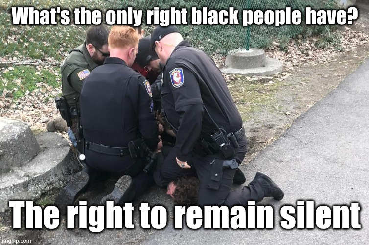 it's either shut up or go to prison 0_0 | What's the only right black people have? The right to remain silent | image tagged in refuse arrest get kneed,black people,racist,arrested,haha,rights | made w/ Imgflip meme maker