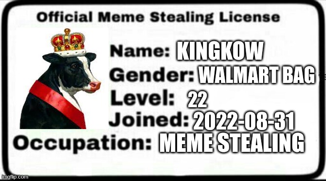 Hehe | KINGKOW; WALMART BAG; 22; 2022-08-31; MEME STEALING | image tagged in meme stealing license,memes | made w/ Imgflip meme maker