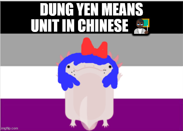 Dung yen means unit in Chinese language | DUNG YEN MEANS UNIT IN CHINESE 👨🏿‍🏫 | image tagged in kawaii axolotl | made w/ Imgflip meme maker