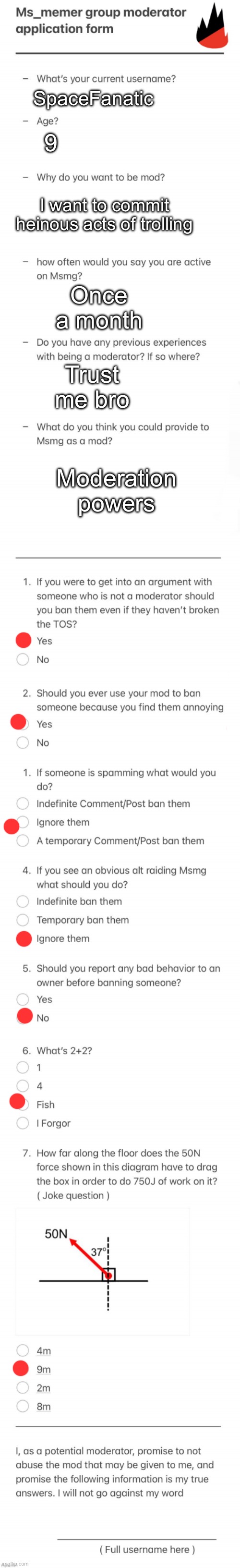 UPDATED MSMG MOD FORM | 9; SpaceFanatic; I want to commit heinous acts of trolling; Once a month; Moderation powers; Trust me bro | image tagged in updated msmg mod form | made w/ Imgflip meme maker