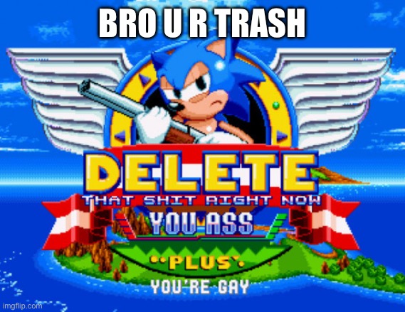 Sonic holding a shotgun to tell you to delete | BRO U R TRASH | image tagged in sonic holding a shotgun to tell you to delete | made w/ Imgflip meme maker