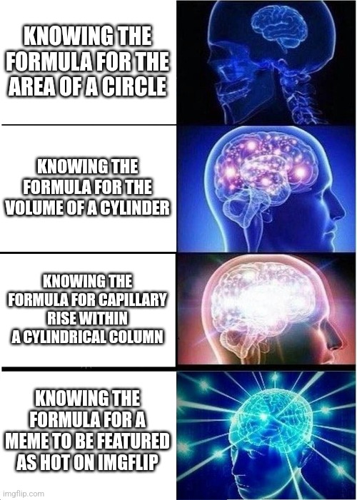Expanding Brain | KNOWING THE FORMULA FOR THE AREA OF A CIRCLE; KNOWING THE FORMULA FOR THE VOLUME OF A CYLINDER; KNOWING THE FORMULA FOR CAPILLARY RISE WITHIN A CYLINDRICAL COLUMN; KNOWING THE FORMULA FOR A MEME TO BE FEATURED AS HOT ON IMGFLIP | image tagged in memes,expanding brain,front page,i have no idea,funny | made w/ Imgflip meme maker