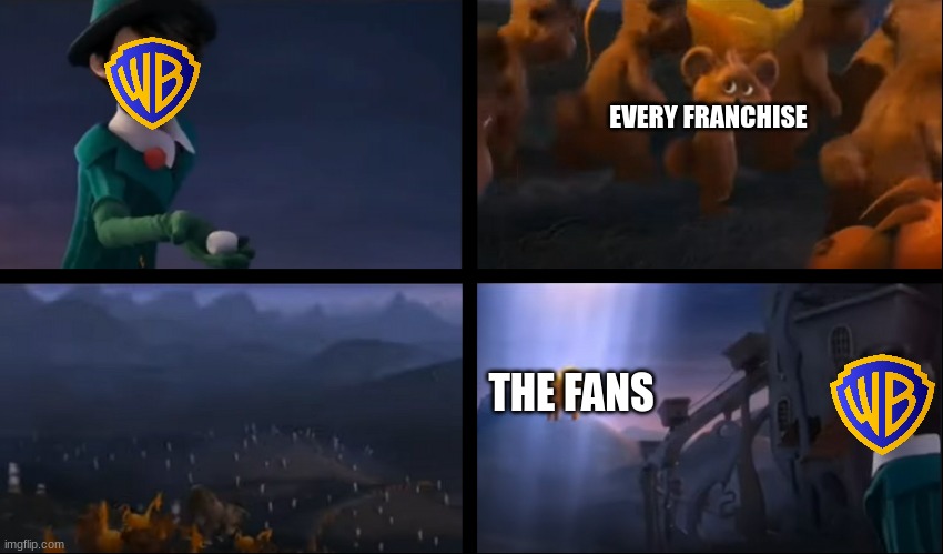 the lorax but it's warner bros | EVERY FRANCHISE; THE FANS | image tagged in lorax leaving,warner bros discovery,memes | made w/ Imgflip meme maker