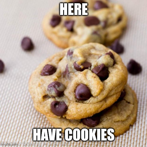 Punny Cookies | HERE HAVE COOKIES | image tagged in punny cookies | made w/ Imgflip meme maker