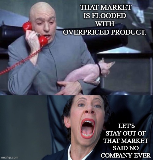 Dr Evil and Frau | THAT MARKET IS FLOODED WITH OVERPRICED PRODUCT. LET'S STAY OUT OF THAT MARKET SAID NO COMPANY EVER | image tagged in dr evil and frau | made w/ Imgflip meme maker
