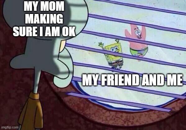 Squidward window | MY MOM MAKING SURE I AM OK; MY FRIEND AND ME | image tagged in squidward window | made w/ Imgflip meme maker