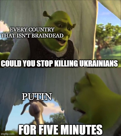 This has to stop! | EVERY COUNTRY THAT ISN'T BRAINDEAD; COULD YOU STOP KILLING UKRAINIANS; PUTIN; FOR FIVE MINUTES | image tagged in shrek five minutes,politics,memes | made w/ Imgflip meme maker