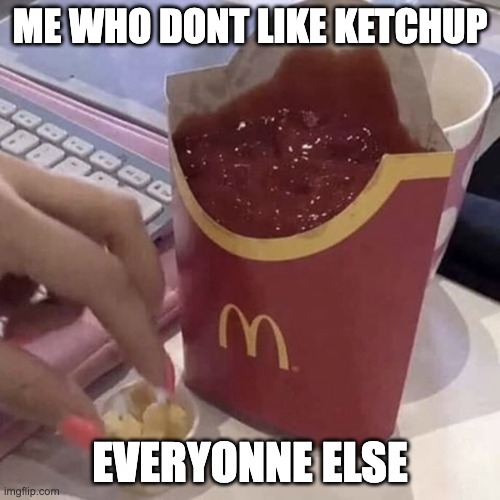 Ketchup with a side of fries | ME WHO DONT LIKE KETCHUP; EVERYONNE ELSE | image tagged in ketchup with a side of fries | made w/ Imgflip meme maker