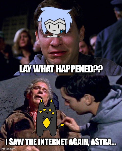 NOT AGAIN!!! | LAY WHAT HAPPENED?? I SAW THE INTERNET AGAIN, ASTRA... | image tagged in uncle ben peter spiderman tobey | made w/ Imgflip meme maker