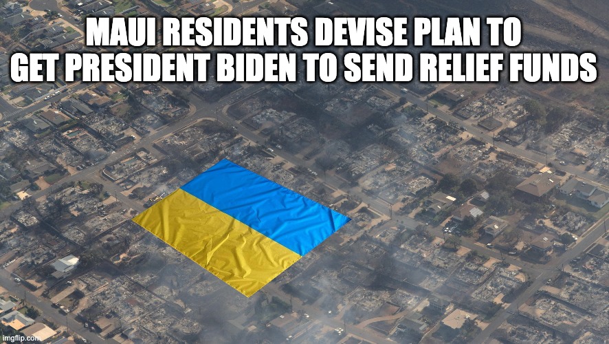 When You Spend Your Disaster Relief Funds on Other Countries | MAUI RESIDENTS DEVISE PLAN TO GET PRESIDENT BIDEN TO SEND RELIEF FUNDS | image tagged in maui,biden | made w/ Imgflip meme maker