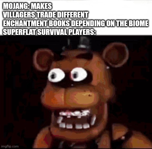 There should be a gamerule or something | MOJANG: MAKES VILLAGERS TRADE DIFFERENT ENCHANTMENT BOOKS DEPENDING ON THE BIOME

SUPERFLAT SURVIVAL PLAYERS: | image tagged in shocked freddy fazbear,villager nerf,minecraft villagers,superflat,survival | made w/ Imgflip meme maker