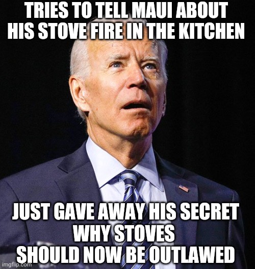 Doh! I Meant Global Warming... | TRIES TO TELL MAUI ABOUT HIS STOVE FIRE IN THE KITCHEN; JUST GAVE AWAY HIS SECRET
WHY STOVES 
SHOULD NOW BE OUTLAWED | image tagged in joe biden,leftists,green,liberals,democrats,maui | made w/ Imgflip meme maker