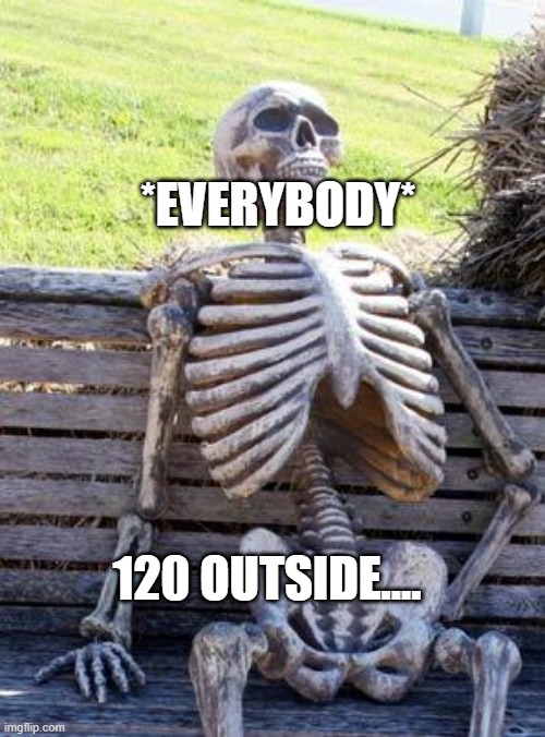 Waiting Skeleton | *EVERYBODY*; 120 OUTSIDE.... | image tagged in memes,waiting skeleton | made w/ Imgflip meme maker