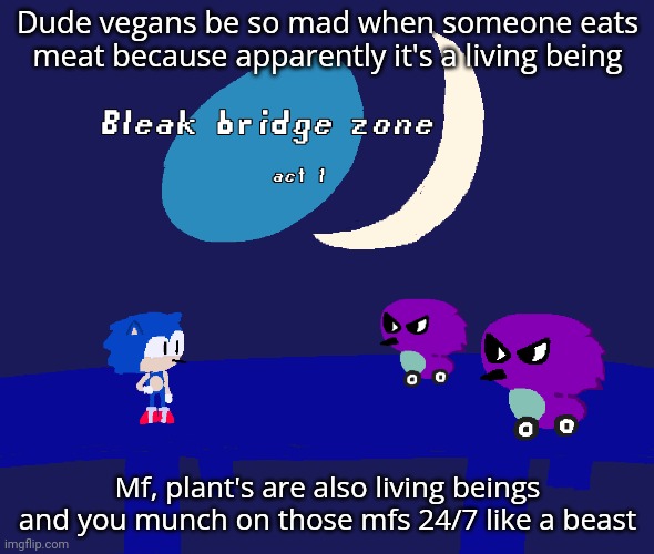 Bleak bridge zone act 1 (Art by normalcore) | Dude vegans be so mad when someone eats meat because apparently it's a living being; Mf, plant's are also living beings and you munch on those mfs 24/7 like a beast | image tagged in bleak bridge zone act 1 art by normalcore | made w/ Imgflip meme maker