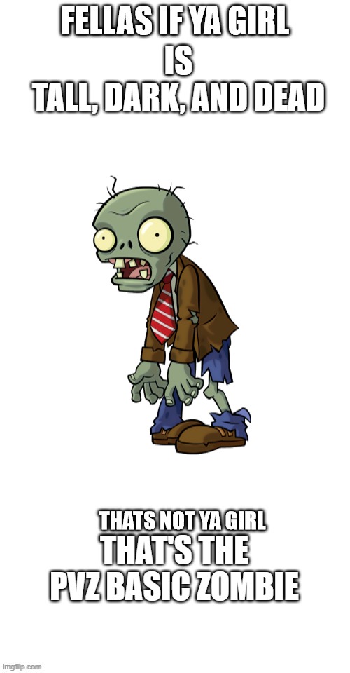 fellas if your girl | IS
TALL, DARK, AND DEAD; THAT'S THE PVZ BASIC ZOMBIE | image tagged in fellas if your girl | made w/ Imgflip meme maker
