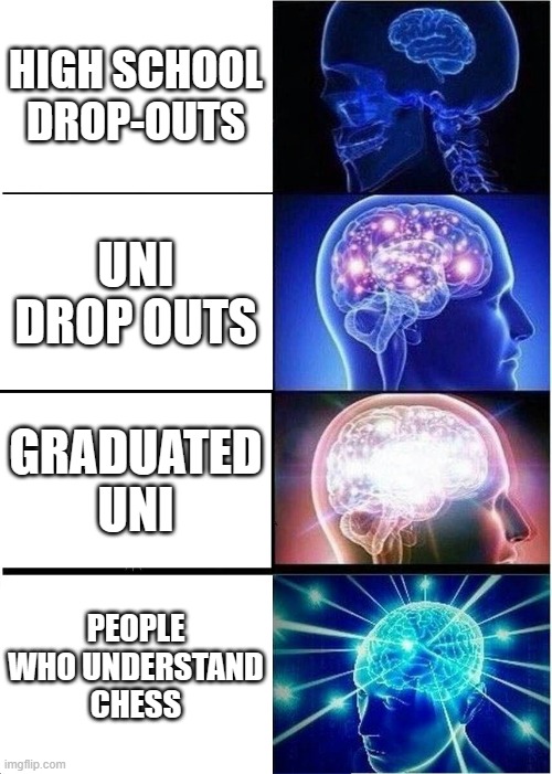 Expanding Brain Meme | HIGH SCHOOL DROP-OUTS; UNI DROP OUTS; GRADUATED UNI; PEOPLE WHO UNDERSTAND CHESS | image tagged in memes,expanding brain | made w/ Imgflip meme maker