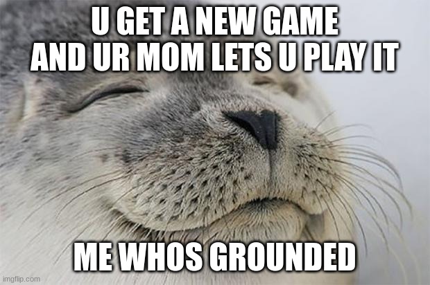 Satisfied Seal Meme | U GET A NEW GAME AND UR MOM LETS U PLAY IT; ME WHOS GROUNDED | image tagged in memes,satisfied seal | made w/ Imgflip meme maker