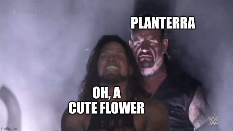 finally beat her | PLANTERRA; OH, A CUTE FLOWER | image tagged in guy behind another guy,terreria,funny,nature,goofy | made w/ Imgflip meme maker