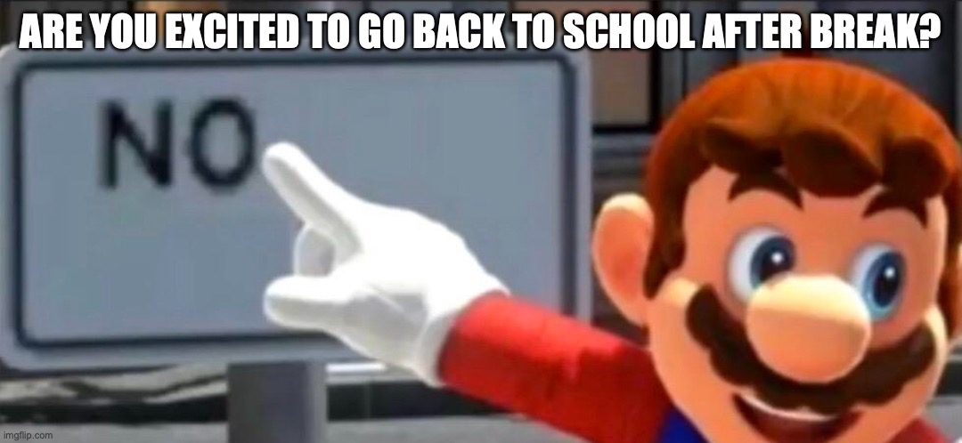 I have to go back to school tomorrow sadly :( | ARE YOU EXCITED TO GO BACK TO SCHOOL AFTER BREAK? | image tagged in relatable memes,school meme,funny memes,mario | made w/ Imgflip meme maker