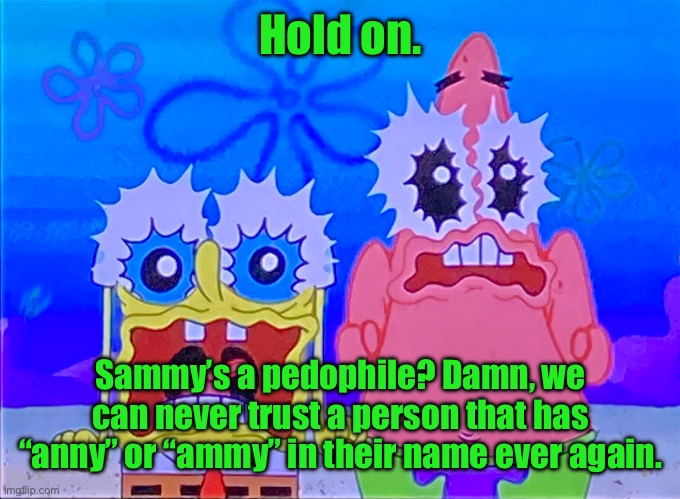 Scare spongboob and patrichard | Hold on. Sammy’s a pedophile? Damn, we can never trust a person that has “anny” or “ammy” in their name ever again. | image tagged in scare spongboob and patrichard | made w/ Imgflip meme maker