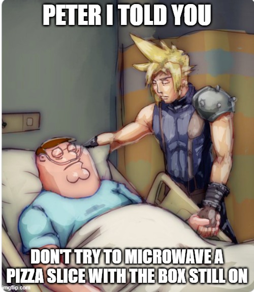 Funny AI meme | PETER I TOLD YOU; DON'T TRY TO MICROWAVE A PIZZA SLICE WITH THE BOX STILL ON | image tagged in peter i told you | made w/ Imgflip meme maker