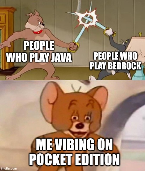 lol | PEOPLE WHO PLAY JAVA; PEOPLE WHO PLAY BEDROCK; ME VIBING ON POCKET EDITION | image tagged in tom and jerry swordfight,memes,minecraft | made w/ Imgflip meme maker