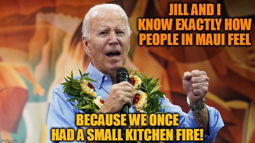 Biden knows your suffering | JILL AND I KNOW EXACTLY HOW PEOPLE IN MAUI FEEL; BECAUSE WE ONCE HAD A SMALL KITCHEN FIRE! | image tagged in joe biden,hawaii | made w/ Imgflip meme maker