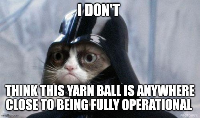 This yarn ball is not fully operational | I DON'T; THINK THIS YARN BALL IS ANYWHERE CLOSE TO BEING FULLY OPERATIONAL | image tagged in memes,grumpy cat star wars,grumpy cat | made w/ Imgflip meme maker