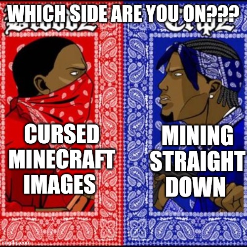 Cursed Minecraft images or dig straight down | WHICH SIDE ARE YOU ON??? CURSED MINECRAFT IMAGES; MINING STRAIGHT DOWN | image tagged in gang war meme,minecraft,cursed image | made w/ Imgflip meme maker