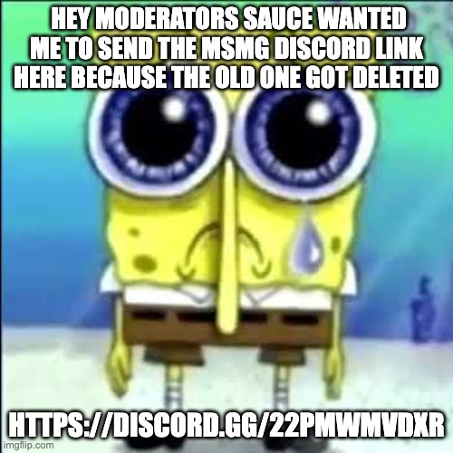 sauce told me to put this here | HEY MODERATORS SAUCE WANTED ME TO SEND THE MSMG DISCORD LINK HERE BECAUSE THE OLD ONE GOT DELETED; HTTPS://DISCORD.GG/22PMWMVDXR | image tagged in sad spongebob,advertisement | made w/ Imgflip meme maker