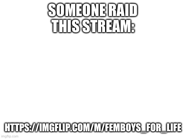 Any volunteers? | SOMEONE RAID THIS STREAM:; HTTPS://IMGFLIP.COM/M/FEMBOYS_FOR_LIFE | image tagged in memes | made w/ Imgflip meme maker