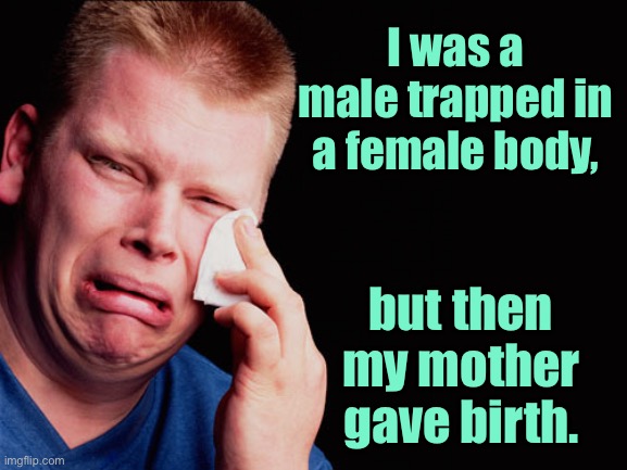 Male trapped in female body | I was a male trapped in a female body, but then my mother gave birth. | image tagged in a male trapped,female body,then mother,gave birth | made w/ Imgflip meme maker