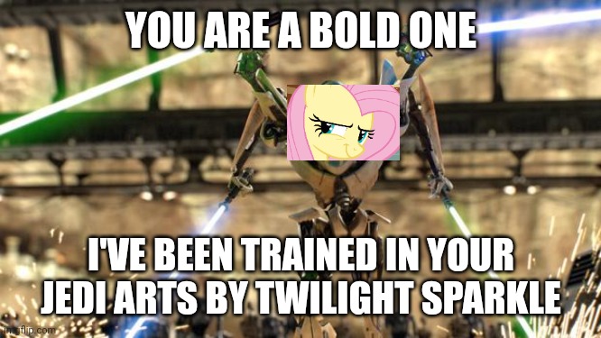 If star wars was mlp...part 5 | YOU ARE A BOLD ONE I'VE BEEN TRAINED IN YOUR JEDI ARTS BY TWILIGHT SPARKLE | image tagged in general-grievous | made w/ Imgflip meme maker