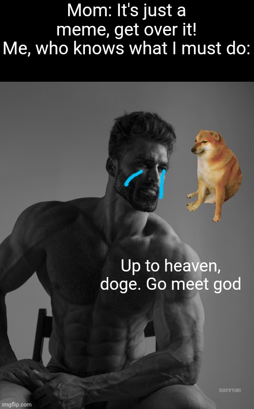 Lost, but not forgotten | Mom: It's just a meme, get over it!
Me, who knows what I must do:; Up to heaven, doge. Go meet god | image tagged in giga chad | made w/ Imgflip meme maker