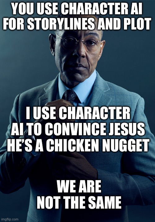 Made this to send to my friend with his romance stories lol | YOU USE CHARACTER AI FOR STORYLINES AND PLOT; I USE CHARACTER AI TO CONVINCE JESUS HE’S A CHICKEN NUGGET; WE ARE NOT THE SAME | image tagged in gus fring we are not the same | made w/ Imgflip meme maker