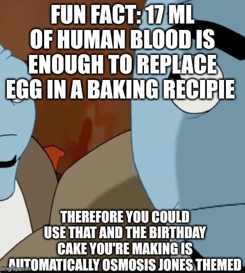 My humor is so messed up | FUN FACT: 17 ML OF HUMAN BLOOD IS ENOUGH TO REPLACE EGG IN A BAKING RECIPIE; THEREFORE YOU COULD USE THAT AND THE BIRTHDAY CAKE YOU'RE MAKING IS AUTOMATICALLY OSMOSIS JONES THEMED | image tagged in bombastic side eye | made w/ Imgflip meme maker