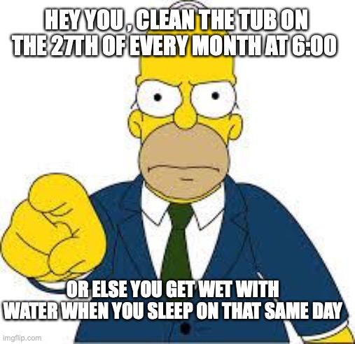 Mom be like | HEY YOU , CLEAN THE TUB ON THE 27TH OF EVERY MONTH AT 6:00; OR ELSE YOU GET WET WITH WATER WHEN YOU SLEEP ON THAT SAME DAY | image tagged in hey you | made w/ Imgflip meme maker